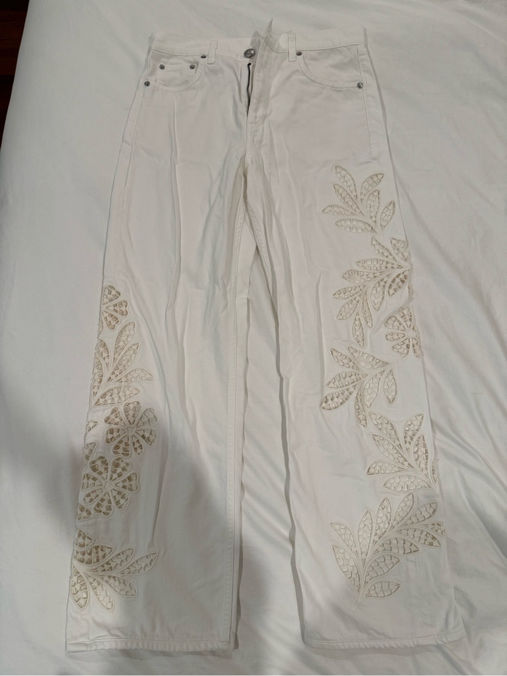 rag & bone White Wide-Leg Pants with Cream Lace Appliqué